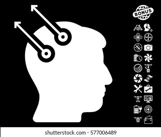 Neural Interface Plugs icon with bonus nanocopter service symbols. Vector illustration style is flat iconic white symbols on black background.