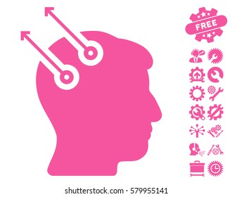 Neural Interface Plugs icon with bonus setup tools pictograms. Vector illustration style is flat iconic pink symbols on white background.