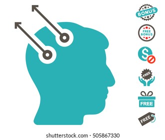 Neural Interface Plugs icon with free bonus pictograph collection. Vector illustration style is flat iconic symbols, grey and cyan colors, white background.