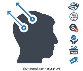 Neural Interface Plugs icon with free bonus pictograms. Vector illustration style is flat iconic symbols, smooth blue colors, white background.