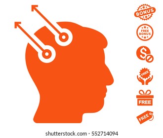 Neural Interface Plugs icon with free bonus pictograms. Vector illustration style is flat iconic symbols, orange color, white background.