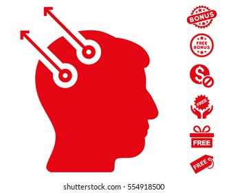 Neural Interface Plugs icon with free bonus symbols. Vector illustration style is flat iconic symbols, red color, white background.