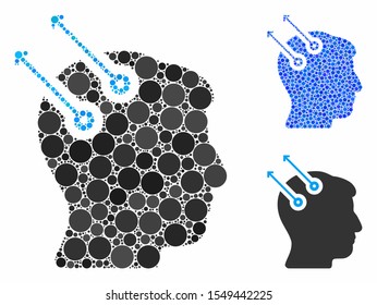 Neural interface plugs mosaic of filled circles in different sizes and shades, based on neural interface plugs icon. Vector filled circles are organized into blue mosaic.