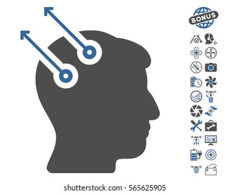 Neural Interface Plugs pictograph with bonus copter tools clip art. Vector illustration style is flat iconic cobalt and gray symbols on white background.