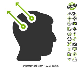 Neural Interface Plugs pictograph with bonus airdrone service icon set. Vector illustration style is flat iconic eco green and gray symbols on white background.