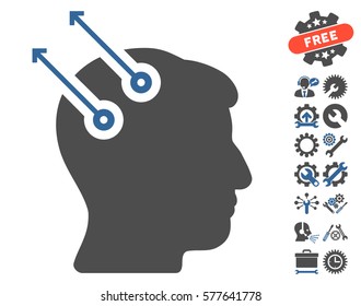 Neural Interface Plugs pictograph with bonus options clip art. Vector illustration style is flat iconic cobalt and gray symbols on white background.