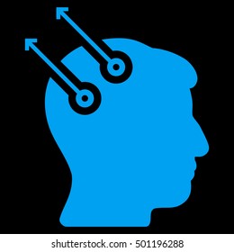 Neural Interface Plugs vector pictogram. Style is flat graphic symbol, blue color, black background.