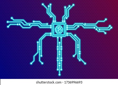 Neuronales Lernen künstliche Netzwerke, Stilisierung in Form einer neuronalen Zelle und ein Prozessor mit einem Gehirn in Neonfarbe auf digitalem Hintergrund. Vector Illustration, Logo. Künstliche Intelligenz.