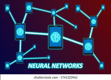 Neuronales Lernen künstliche Netzwerke, Stilisierung in Form eines digitalen Smartphone-Netzwerk in Neonfarbe auf digitalem Cyber-Hintergrund. Vector horizontal, Abbildung, Logo. Künstliche Intelligenz