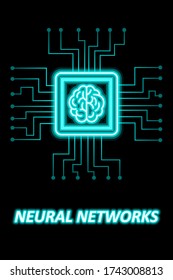 Neuronales Lernen künstliche Netzwerke, Stilisierung in Form einer neuronalen Zelle und ein Prozessor mit einem Gehirn auf digitalem Cyberhintergrund. Vector vertikal, Abbildung, Logo. Künstliche Intelligenz