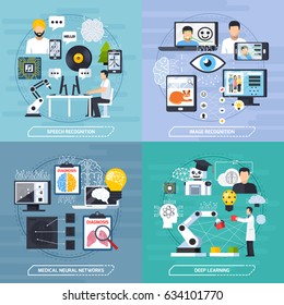 Neural Meshes 2x2 Design Concept Set Of Speech And Image Recognition Deep Learning And Medical Neural Networks Compositions Flat Vector Illustration 