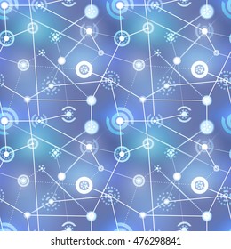 Neural net, abstract technology signs on blurred background, seamless pattern