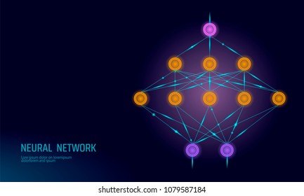 Neural net. Neuron network. Deep learning. Cognitive technology concept. Logical artificial intelligence memory processor mathematics. Violet neon color gold yellow glowing vector illustration