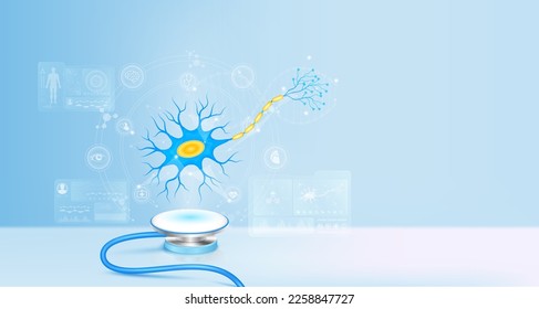 Neural net structure float away from stethoscope. Image virtual hologram on screen computer. Doctor diagnose of the human nerve network record. Electronic medical technology innovation. 3d Vector.