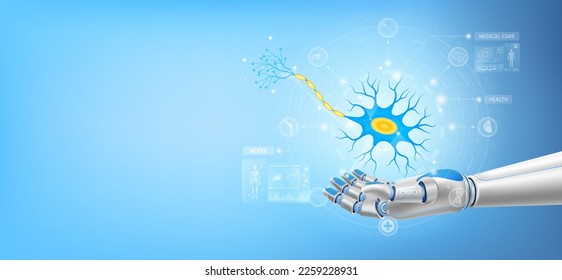 Neural net structure float away from in robot hand. Futuristic medical cybernetic robotics technology. Innovation artificial intelligence robot assist care health. With copy space for text. 3D Vector.