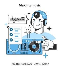Neural network abilities. Self-learning computing system processing data for making music. Modern deep machine learning technology. Flat vector illustration