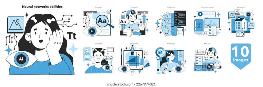 Neural network abilities set. Self-learning computing system processing different types of data. Modern deep machine learning technology. Flat vector illustration