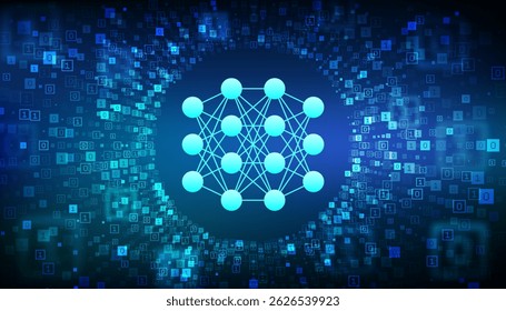 Neural network. AI. Artificial Intelligence. Machine Learning. Deep learning. Big data analysis technology. Binary code data flow. Virtual tunnel warp made with digital code. Vector illustration.