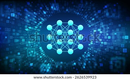 Neural network. AI. Artificial Intelligence. Machine Learning. Deep learning. Big data analysis technology. Binary code data flow. Virtual tunnel warp made with digital code. Vector illustration.