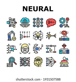 Neural Network And Ai Collection Icons Set Vector. Biological And Binary Neural Network, Mathematical And Artificial Model, Algorithm And Learn Concept Linear Pictograms. Contour Color Illustrations
