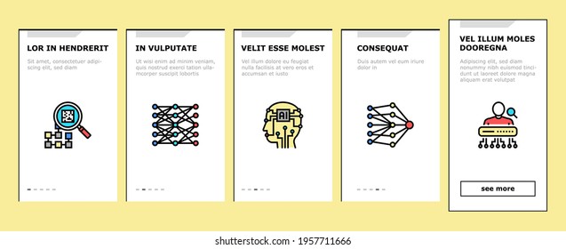 Neural Network And Ai Onboarding Mobile App Page Screen Vector. Biological And Binary Neural Network, Mathematical And Artificial Model, Algorithm And Learn Illustrations