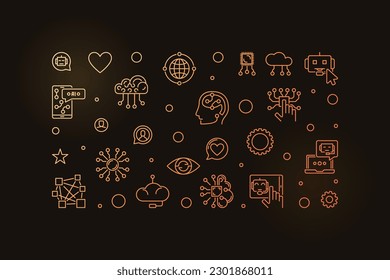 Banner horizontal de color de línea delgada de concepto de red neuronal y tecnología de IA - vector Ilustración lineal tecnológica sobre fondo oscuro