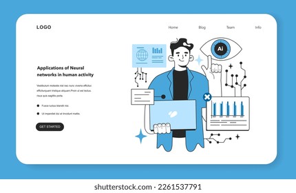 Neural network application in human activity. Self-learning computing system processing different types of data. Modern deep machine learning technology. Flat vector illustration