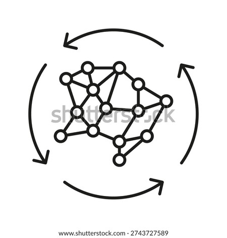 Neural Network With Arrows Line Icon. Machine Learning, Ai Model Training, And Data Processing Outline Symbol. Artificial Intelligence Concept. Editable Stroke. Isolated Vector Illustration.