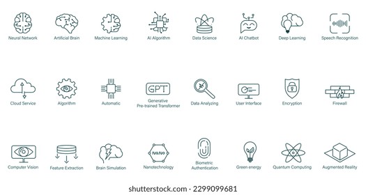 neural network, artificial brain, machine learning, ai algorithm, data science, ai chatbot, deep learning, speech recognition, cloud service, algorithm, gpt, user interface icon set vector