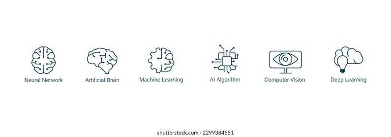 neural network, artificial brain, machine learning, ai algorithm, computer vision, deep learning icons vector illustration 