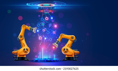 Neural network or artificial intelligence in industry 4.0. Robotic arms creates neural network on podium in virtual reality. Industrial revolution. Concept of futuristic industry technology.