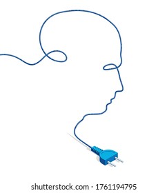 Neural network artificial intelligence vector concept with plug in a shape of man head silhouette, technology and science theme.