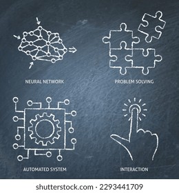 Neural network and automated systems chalkboard icon set. Vector illustration.