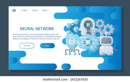 Neural network banner. For artificial intelligence, Machine learning landing page technology icons, digital human, ai brain poster concept deep learning, big data. Web symbols mining flat