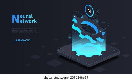 Neural network black poster. AI and artificial intellengence. Neon coghweel at computer chip. Landing page design. Cartoon isometric vector illustration isolated on white background