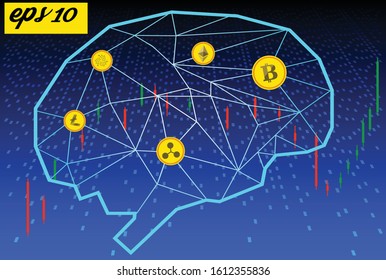 Neural network. Blockchain. Stock chart. Characters amount of cryptocoins Bitcoin, Ether, IOTA, RIPPLE