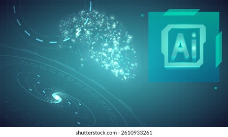 Neural network, brain-like structure composed of interconnected points, positioned alongside AI icon. Complex nature of artificial intelligence and machine learning processes. Vector illustration