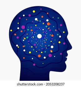 Sinapsis coloridas de la red neuronal en la cabeza humana. Resumen de ilustraciones vectoriales científicas de la persona, relacionadas con la biología cerebral, la psicología y la imaginación.