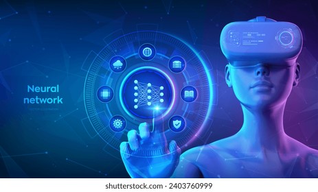 Neural network concept. AI Artificial Intelligence. Deep learning. Big data. Girl wearing VR headset glasses touching digital interface. Vector.