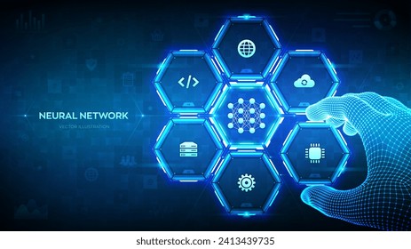 Neural network concept. AI. Artificial Intelligence. Machine Learning. Deep learning. Big data. Wireframe hand places an element into a composition visualizing Neural network. Vector illustration.