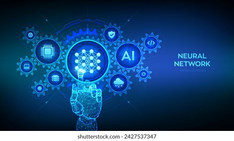 Neural network concept. AI Artificial Intelligence. Machine Learning. Deep learning. Big data analysis. Wireframe hand touching digital interface with connected gears cogs, icons. Vector illustration.