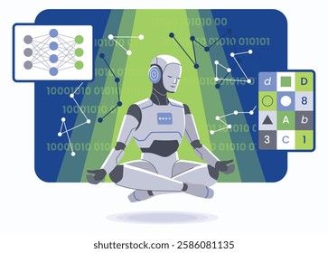 Neural network concept. Artificial intelligence training, machine learning science, knowledge, memory, automation and education. Isometric illustration of levitating ai robot
