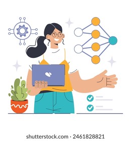Neural Network concept. An enthusiastic programmer showcasing a neural network model, representing data connectivity and AI learning processes. Flat vector illustration