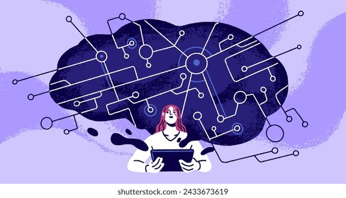 Neural network concept. Human studying digital AI brain. Artificial intelligence technology training, machine learning science, knowledge, memory, automation and education. Flat vector illustration