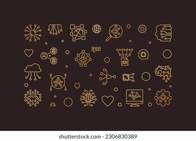 Neural Network concept line goldener Banner - Vektorgrafik der künftigen Technologie auf dunklem Hintergrund