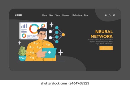 Neural Network concept. Man analyzes data on screen, connection nodes insight. Artificial intelligence, deep learning. Flat vector illustration