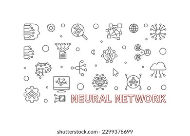 Neural Network concept outline horizontal banner. Vector Artificial Intelligence Technology simple illustration
