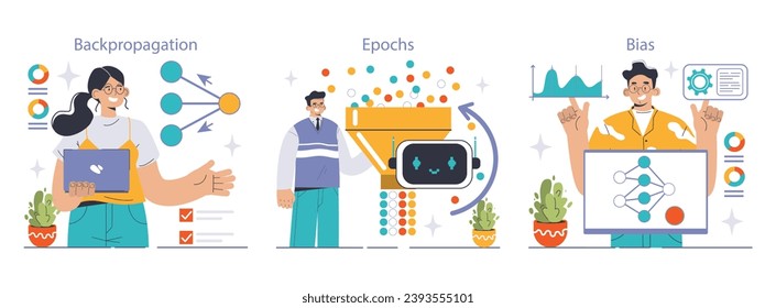 Neural network concepts set. Professionals explore backpropagation, train through epochs, and tackle bias. Machine learning insights. Digital graphs and configurations. Flat vector illustration