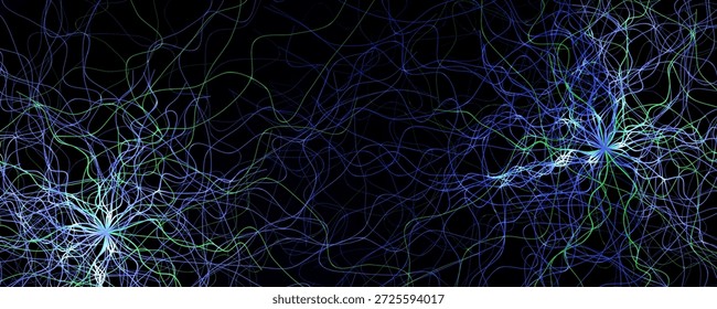 Plano de fundo de conexões de rede neural com linhas verdes azuis brilhantes no escuro. Design de fluxo de dados de IA futurista para banners de tecnologia, ciência e medicina. Planos de fundo de conexões neurais. Ilustração vetorial