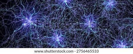 Neural network connections background with glowing blue lines on dark. Futuristic AI data flow design for tech, science, medical banners. Neural connections backgrounds. Vector illustration